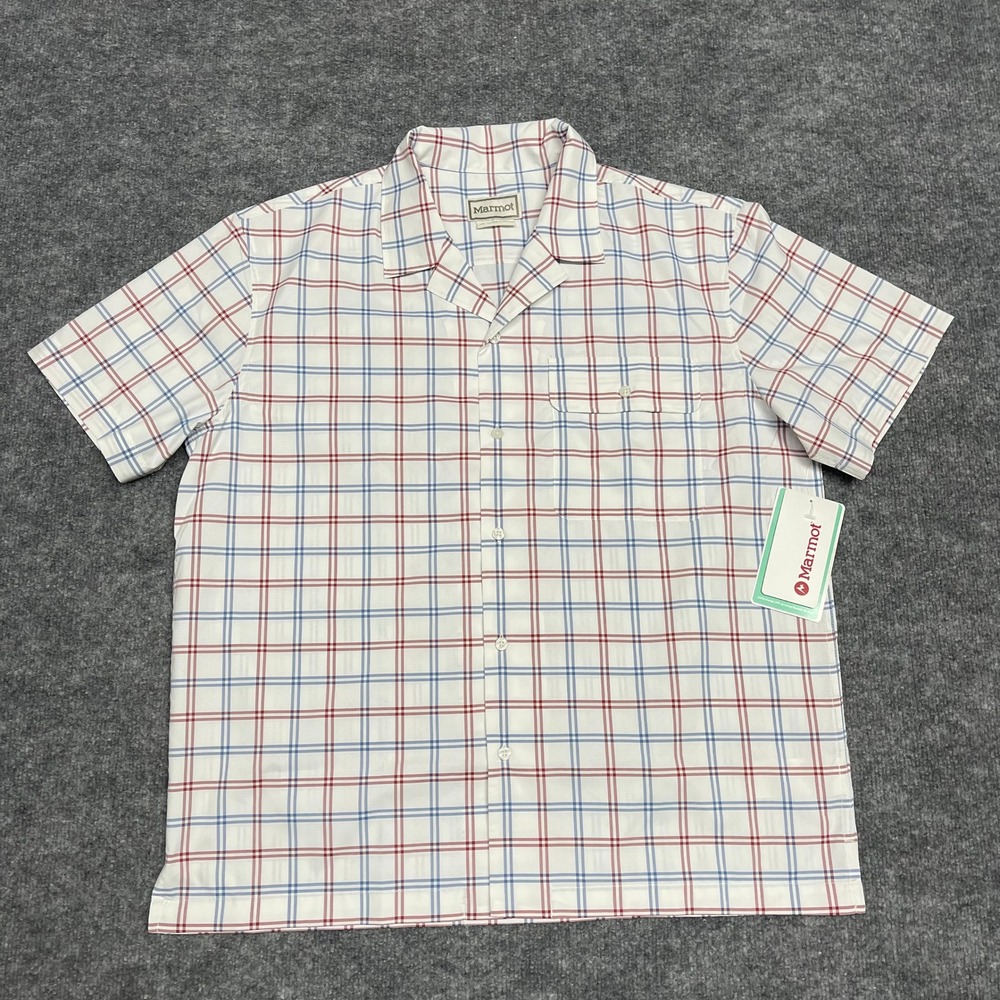 Marmot Shirt Mens Large White AirExchange Camp Novelty SS Pearl Windowpane Plaid